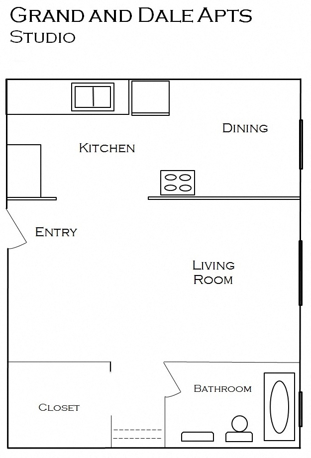 Floor plan for studio, 1 bath, 500 sqft
